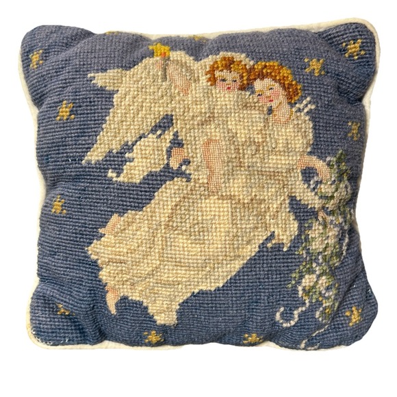 Needlepoint Petit Point Pillow Angels Stars Blue Ivory Zip Backing Aged 8"x8" - Picture 1 of 16